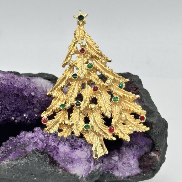 Vintage Gold Feathery Christmas Tree Brooch Pin Multi-Color Rhinestone Holiday - Picture 1 of 6